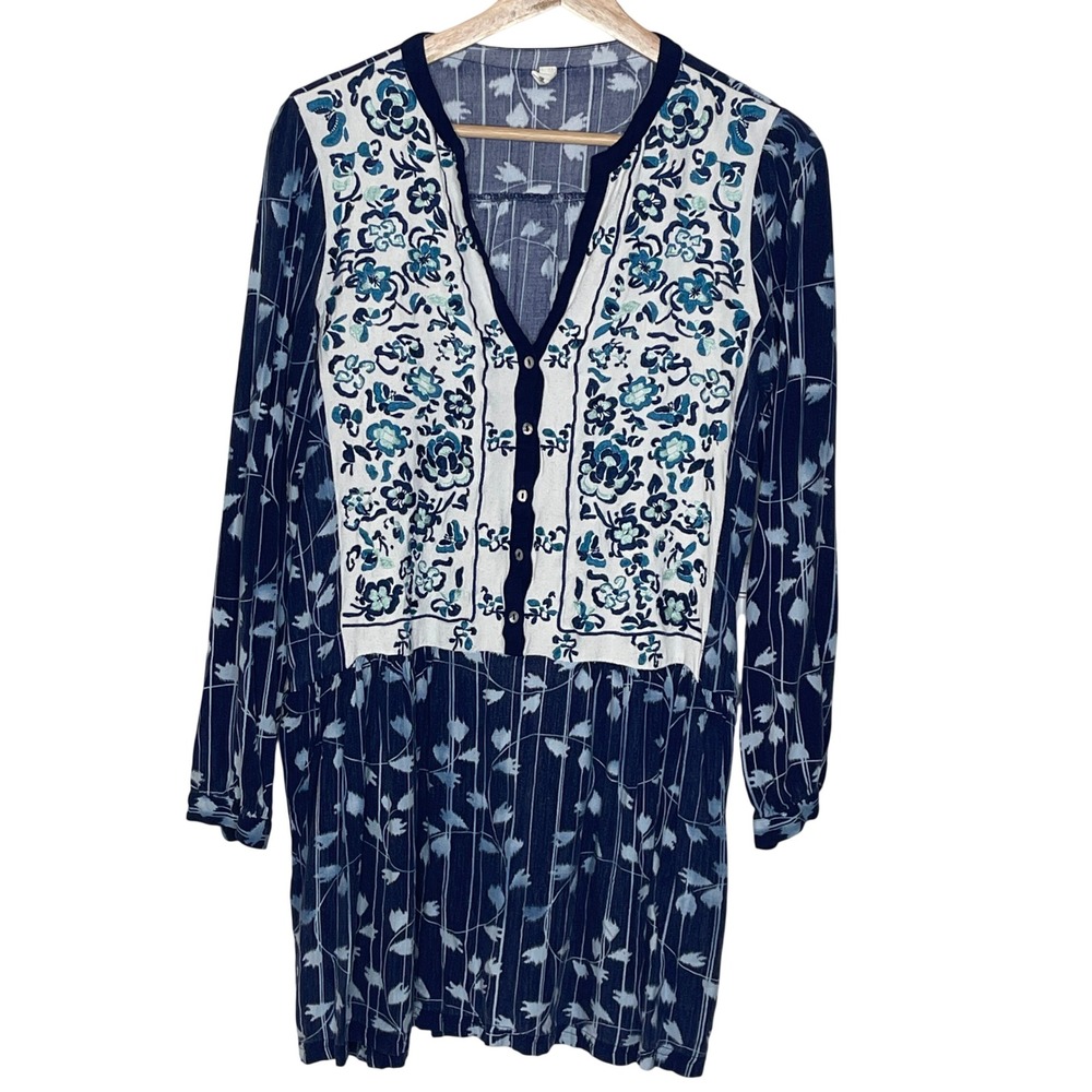 Anthropologie Tiny Ikat Floral Embroidered Dress Boho Peasant Long Sleeve